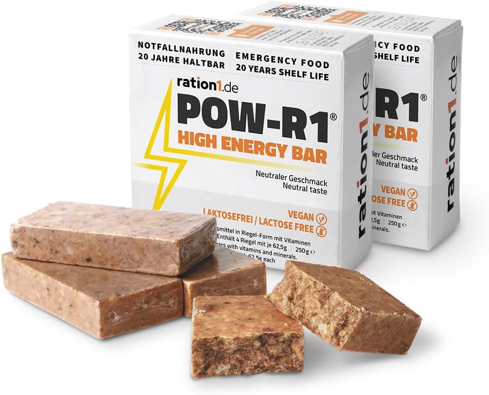 Ration1 Energieriegel, langlebige Notnahrung oder Snack zum Radfahren, Wandern, Outdoor, vegan & laktosefrei, POW-R1 Hochenergieriegel, 2er-Packung, enthält 2 x 4 einzelne Energieriegel