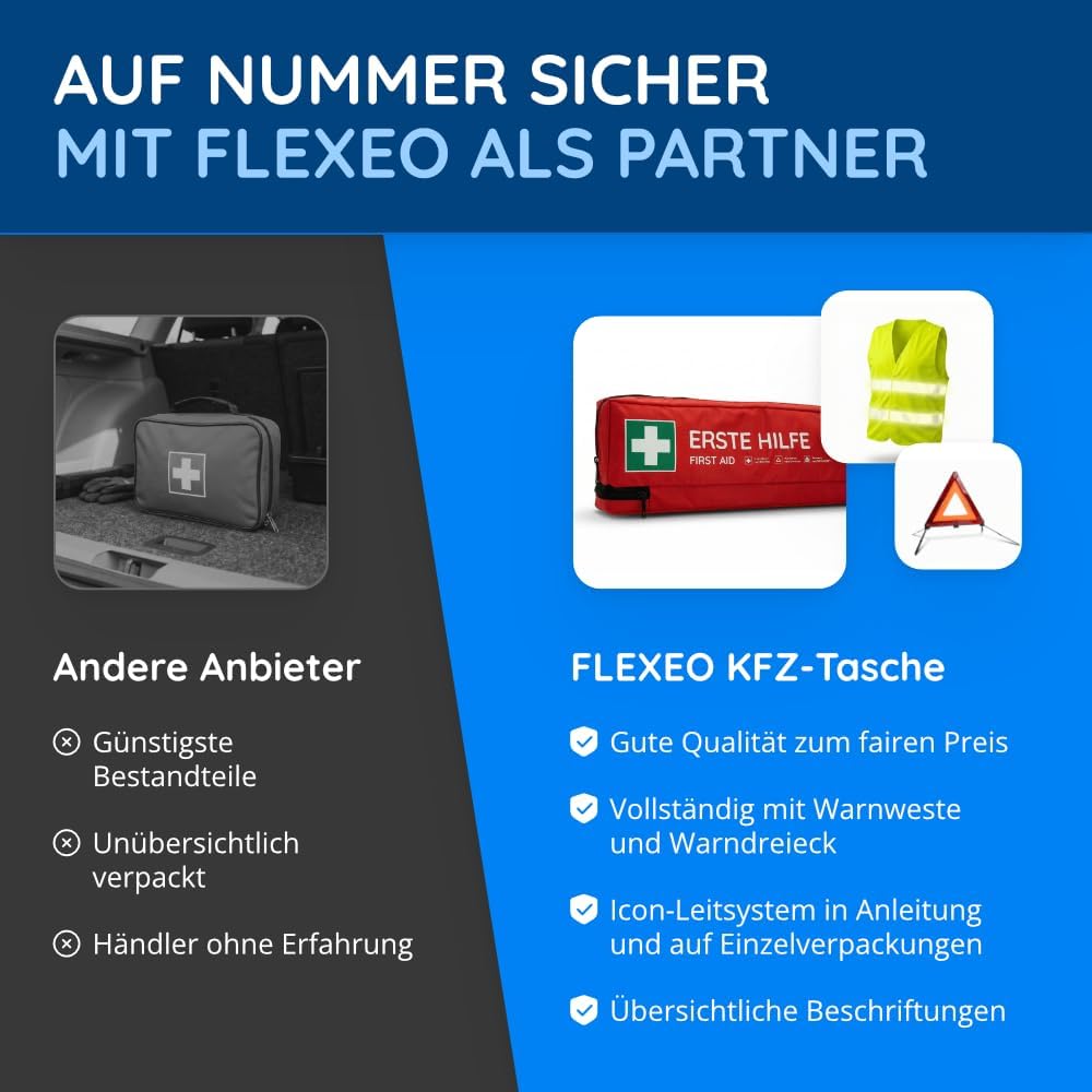 FLEXEO Auto-Verbandstasche inklusive Warndreieck und Sicherheitsweste nach aktueller DIN 13164 | Gültig für 2026, in Deutschland und der EU | Erste-Hilfe-Set für Auto/Auto | Rot | Inklusive Warndreieck, inklusive Warnweste, DIN 13164, gültig für 2026 – Bild 7