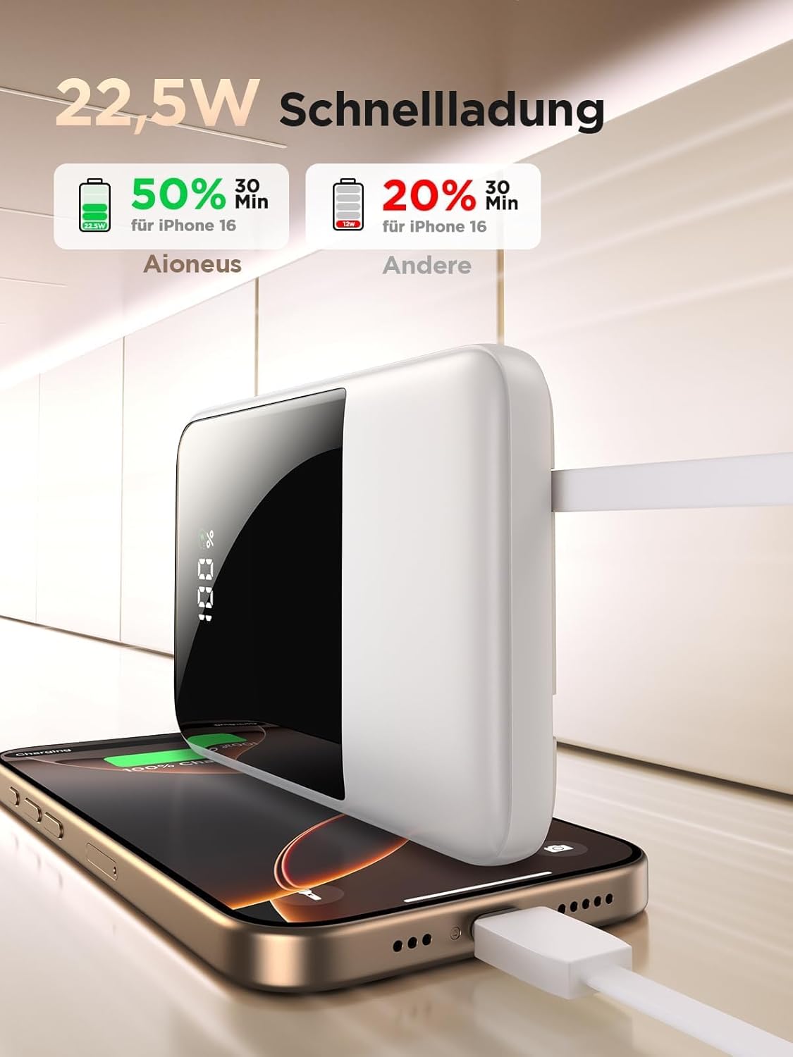 Aioneus Power Bank, Powerbank 10.000 mAh mit integriertem Kabel (USB-C + Lightning) – 22,5 W PD Quick Charge externer Handy-Akku für iPhone 17/16/15/14/13/12/11, Samsung Galaxy, iPad – Bild 3