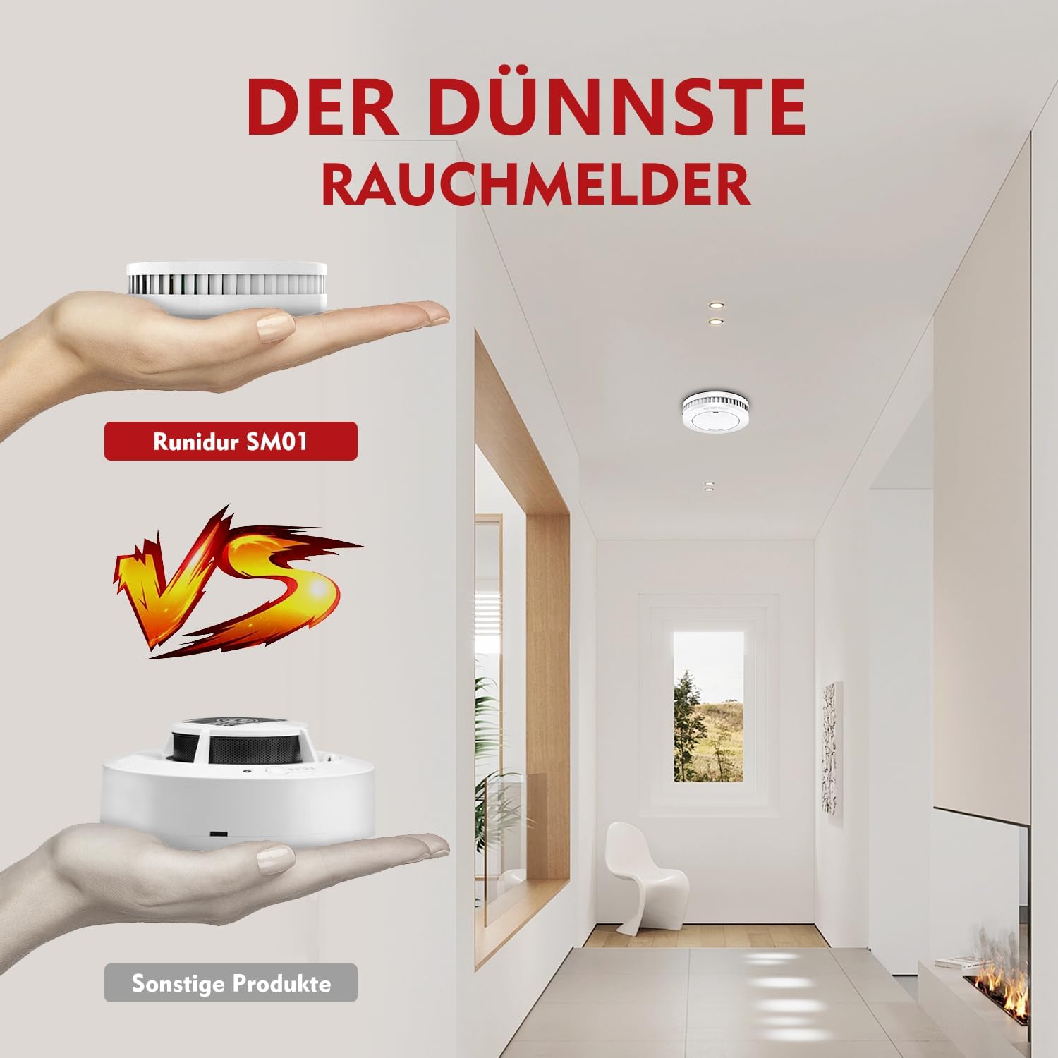Rauchmelder 10 Jahresbatterie Flachbrandmelder TÜV geprüft 1 Stück | Mini-Rauchmelder, kein Anbringen oder Bohren erforderlich, EN14604-konform, selbstklebend, eigenständiger Brandmelder, weiß – Bild 3