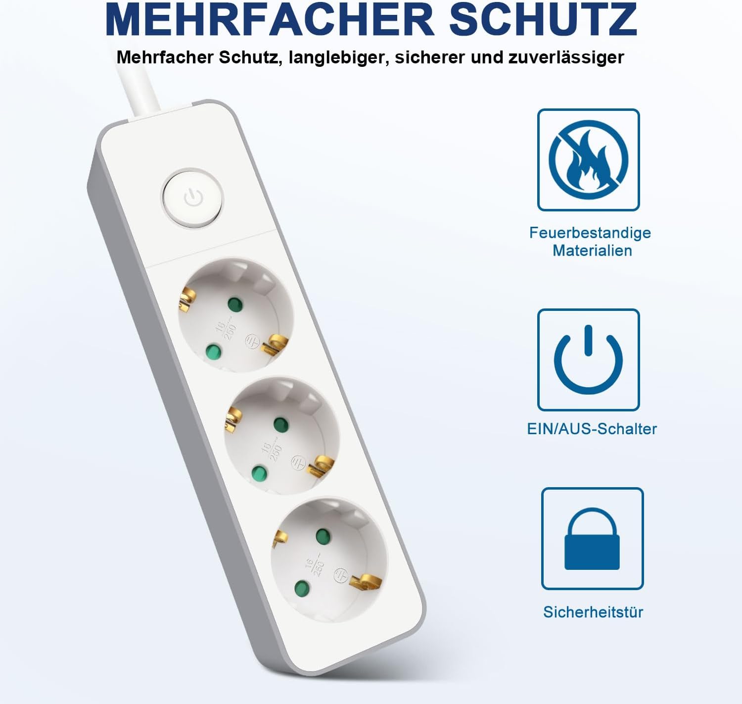 EXTRASTAR Flachstecker Mehrfachsteckdose 3-fach Steckdosenleiste Flachstecker mit Druckknopfschalter 1,5 m Kabel für Büro und Zuhause Weiß + Grau – Bild 4