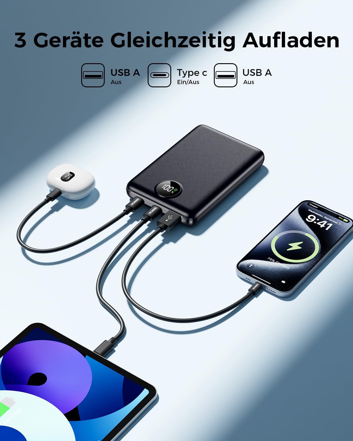 Powerbank 10000 mAh, 22,5 W Schnelllade-Powerbank mit USB-C-Eingang und -Ausgang, externer 3-Port-Akku für iPhone 17 16 15 14 13 12 Pro Max und mehr – Bild 5