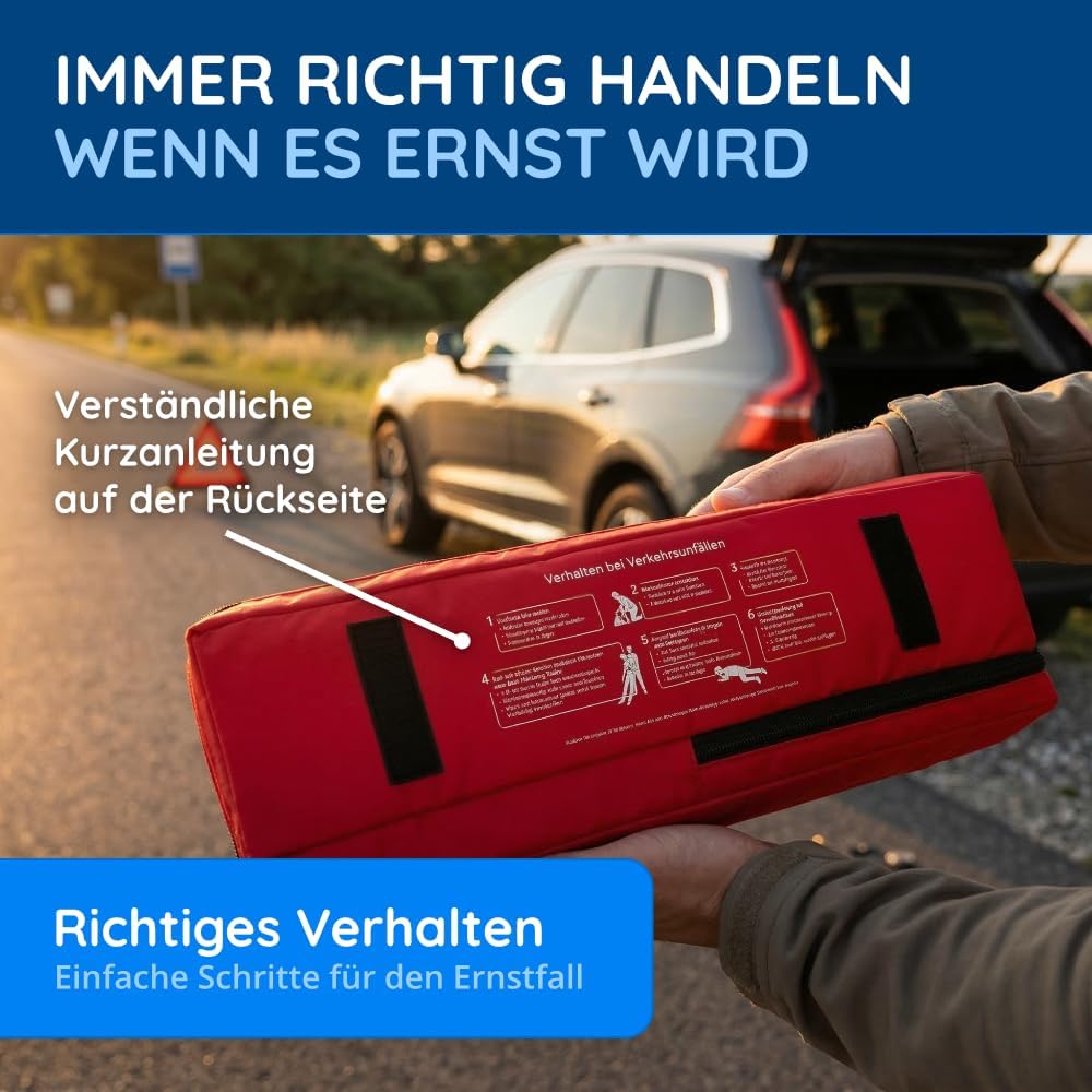 FLEXEO Auto-Verbandstasche inklusive Warndreieck und Sicherheitsweste nach aktueller DIN 13164 | Gültig für 2026, in Deutschland und der EU | Erste-Hilfe-Set für Auto/Auto | Rot | Inklusive Warndreieck, inklusive Warnweste, DIN 13164, gültig für 2026 – Bild 5