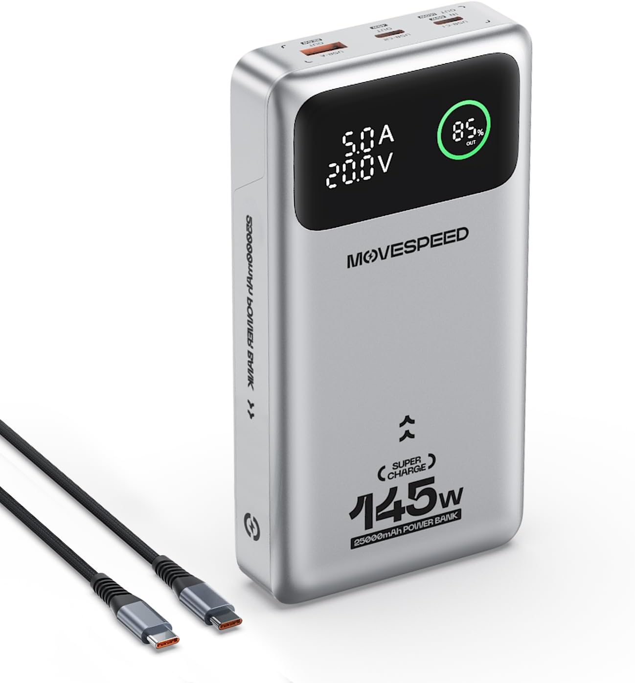 Movespeed 145 W Power Bank 25000 mAh Laptop Power Bank Tragbares Ladegerät mit 3 USB-Anschlüssen PD 3.1 und Digitalanzeige, kompatibel mit Laptop MacBook Pro/Air, iPhone 17 Pro Air /16, Galaxy S25, iPad