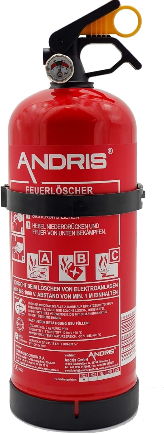 2 kg ABC-Pulver-Feuerlöscher, Original Andris, ideal für Auto/Auto/Boot, DIN EN 3, CE, inklusive Auto/Auto/Boot-Halterung und Prüfzertifikat, Fassungsvermögen: 2 kg, Löschmittel: ABC-Pulver – Bild 2