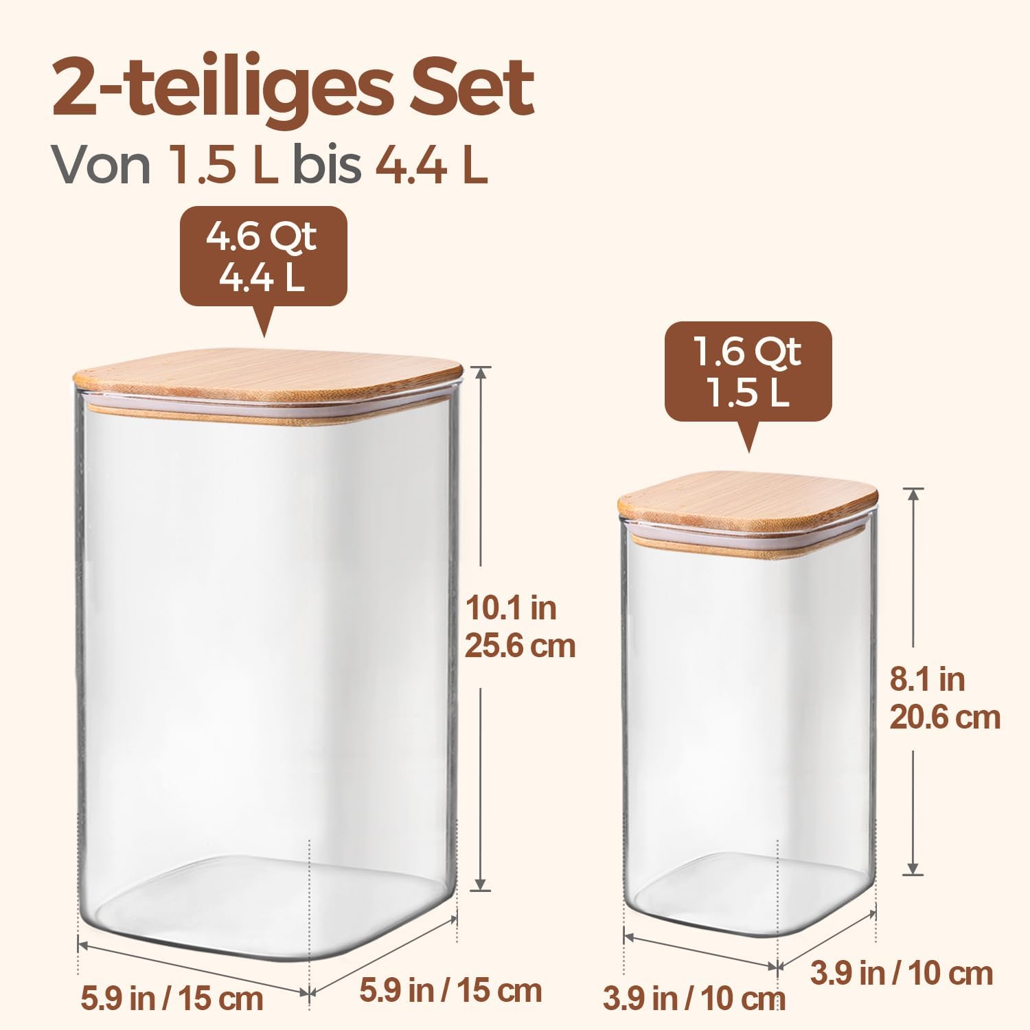 ComSaf 2er-Set Vorratsgläser mit Deckel, luftdicht, 1,5 l/4,4 l, Glasbehälter mit Deckel und Vorratsgläsern, ideal für Mehlbehälter, Müslischachtel und Keksdose, Glas, Küchen-Organizer – Bild 2