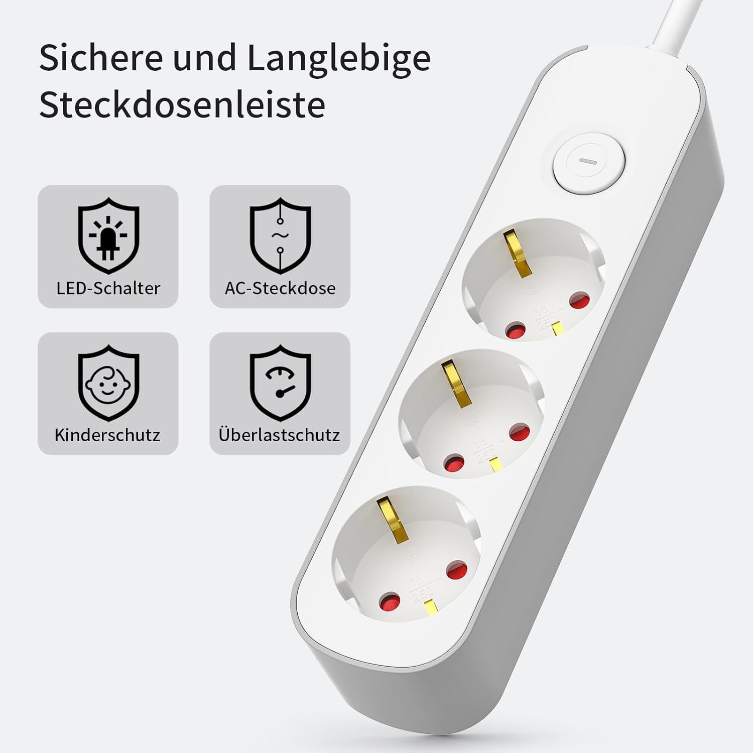 3-fach Steckdosenleiste, Mehrfachsteckdose mit Schalter 3m, Flachsteckdose mit Kindersicherung, 3-fach Steckdosenleiste für Haushaltsgeräte, Computer, Handy laden, Büro, Schlafzimmer, Familie – Bild 3