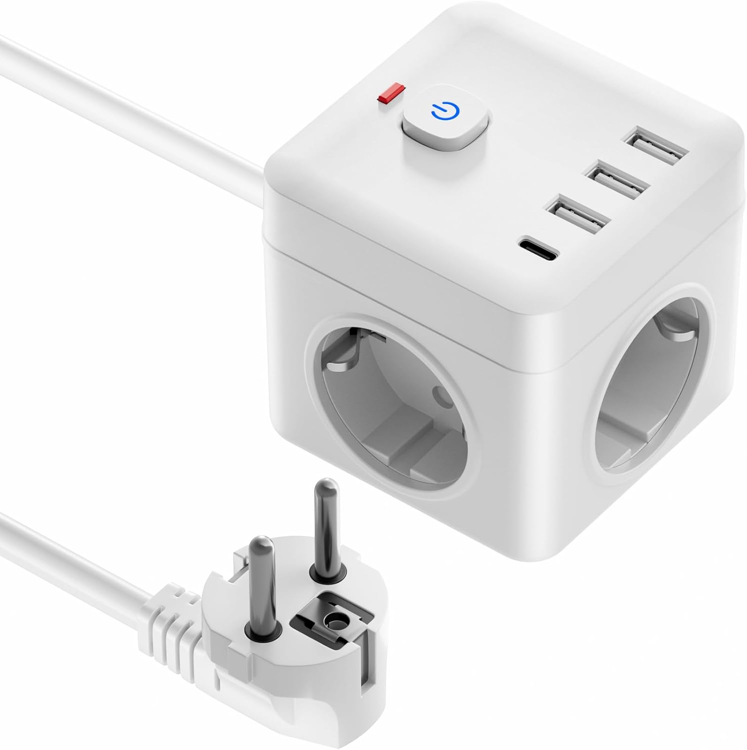 7in1 Steckdosenwürfel mit USB, 3-fach Mehrfachsteckdose mit 3 USB A, Steckdosenleiste mit 1 USB C, 1,5 m langes Verlängerungskabel mit Flachstecker, Überlastschutz & Schalter für Zuhause, Büro, Reisen