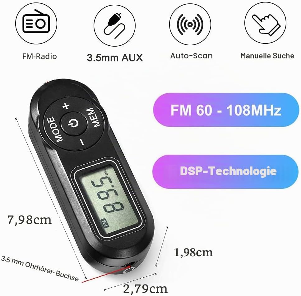 Mini-Radio, tragbar, FM mit digitaler LCD-Digitalanzeige, Kopfhörer-Taschenradio mit Voreinstellung für Joggen, Wandern, Reisen – Bild 2