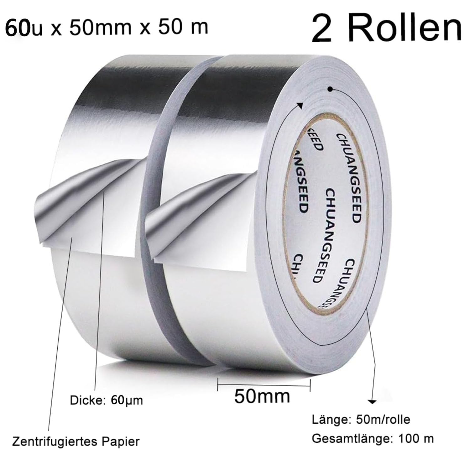 CHUANGSEED 2 Rollen Aluminium-Klebeband 50 mm x 50 m, Aluminium-Klebeband für Kücheninstallationen, Abschirmung und Isolierung, Dichtungsreparatur, selbstklebendes Aluminiumfolienband, hohe Temperaturbeständigkeit – Bild 2