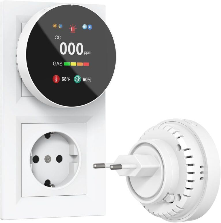 Kohlenmonoxid- und Gasmelder mit Stecker, 4-in-1-CO-Melder mit Temperatur- und Luftfeuchtigkeitssensor, mit akustischem Alarm für Zuhause und Wohnmobil, 1er-Set (weiß)
