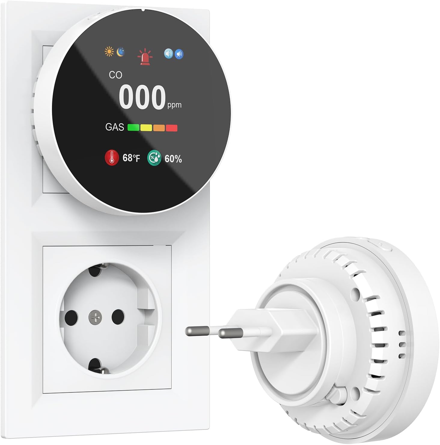 Kohlenmonoxid- und Gasmelder mit Stecker, 4-in-1-CO-Melder mit Temperatur- und Luftfeuchtigkeitssensor, mit akustischem Alarm für Zuhause und Wohnmobil, 1er-Set (weiß)