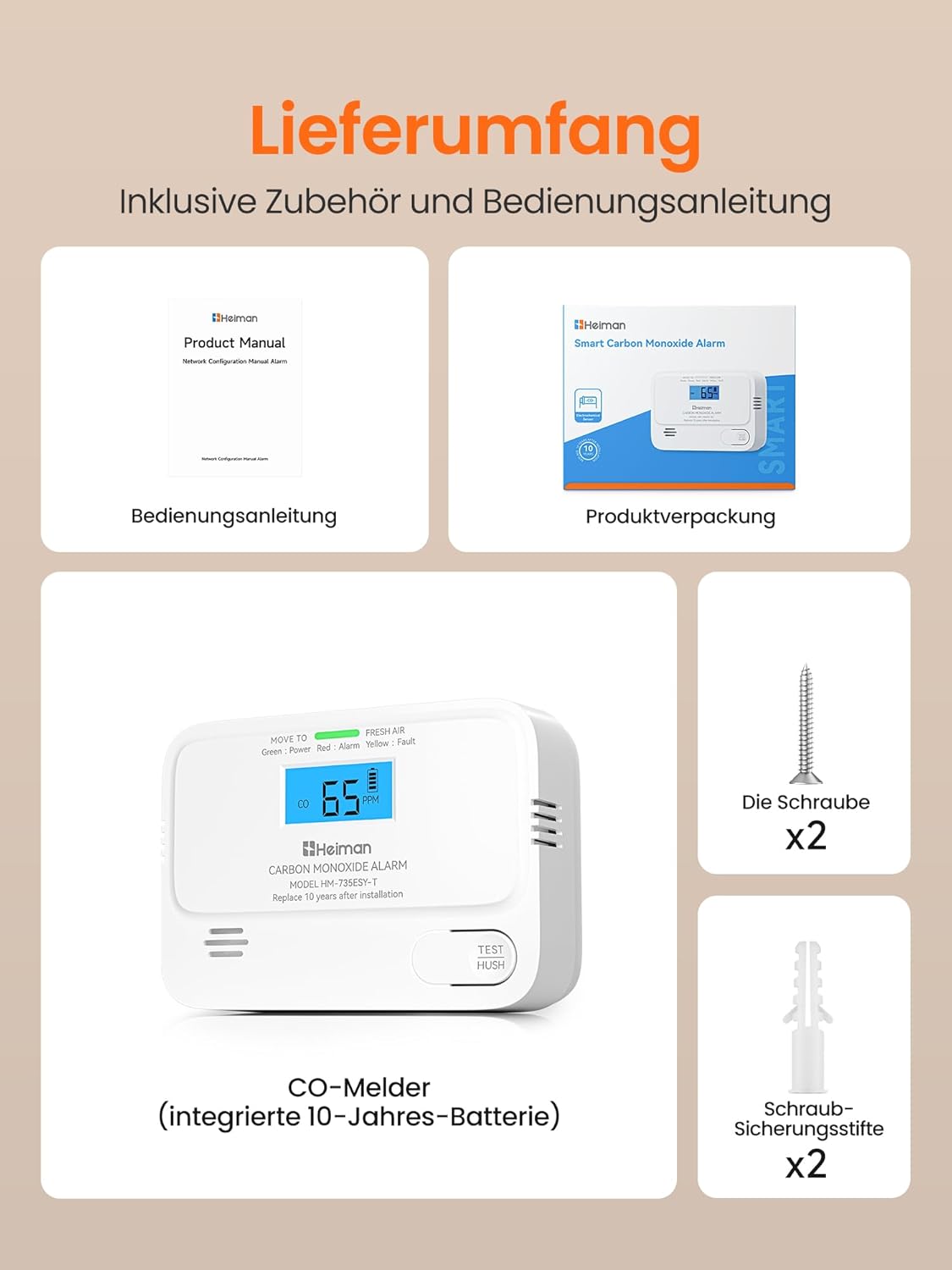 Heiman Kohlenmonoxidmelder, 10 Jahre Batterielebensdauer, CO-Melder für Zuhause mit digitalem LCD-Display, CO-Alarm, BSI-geprüft, EN 50291-Standard – Bild 6