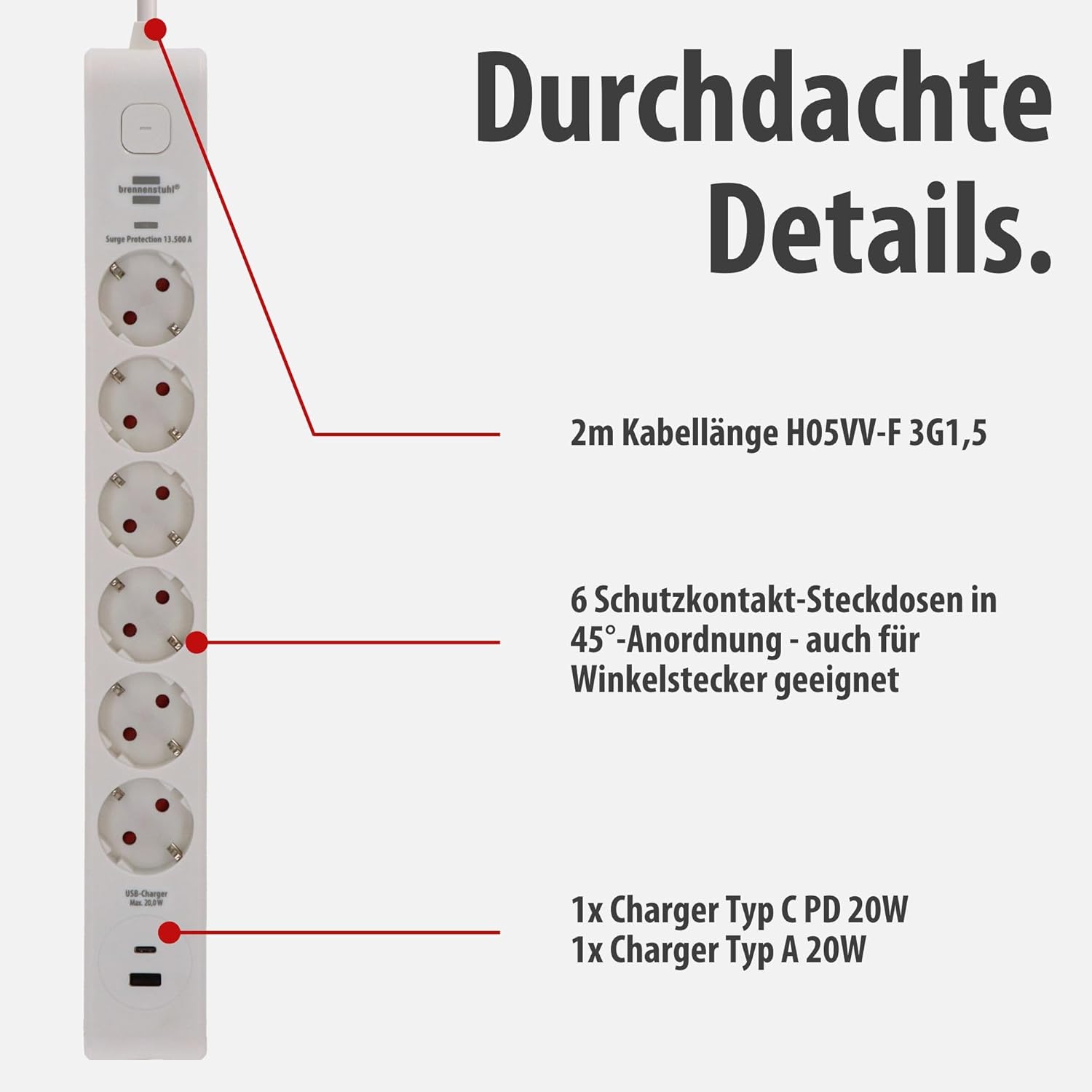 Brennenstuhl 6-fach Steckdosenleiste mit USB und Überspannungsschutz | Mehrfachsteckdose mit 1 x USB C PD 20 W zum Schnellladen und 1 x USB A 20 W, Schalter, 2 m Kabel, weiß – Bild 3