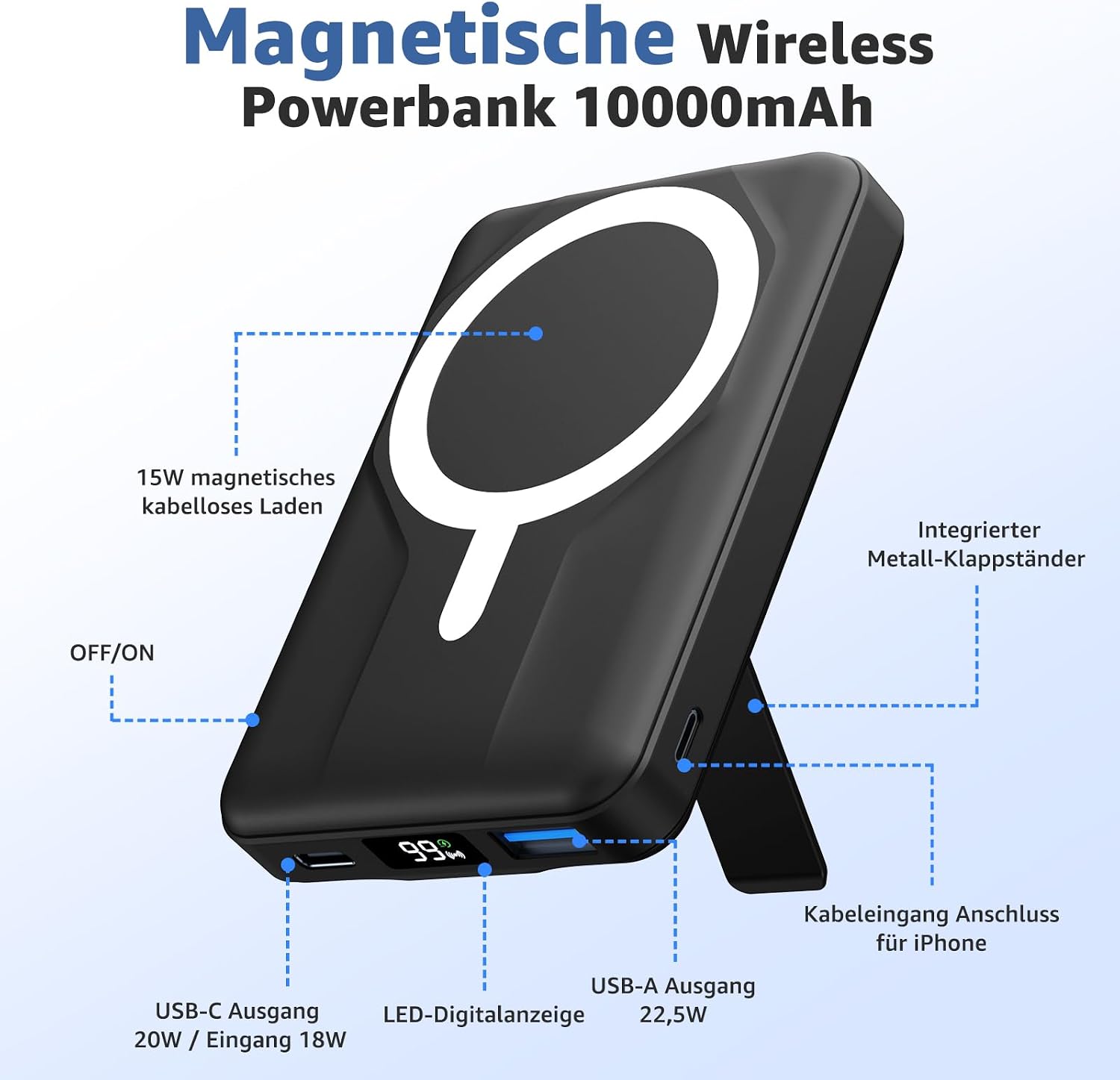 Azmuth Magsafe Powerbank 10000 mAh kabellos magnetisch für iPhone 17-12 | Kabellose Powerbank mit USB-C-Eingang und -Ausgang, 22,5 W USB-A, Klappständer und LED-Bildschirm für iPhone 17/16/15/14/13/12 – Schwarz – Bild 6