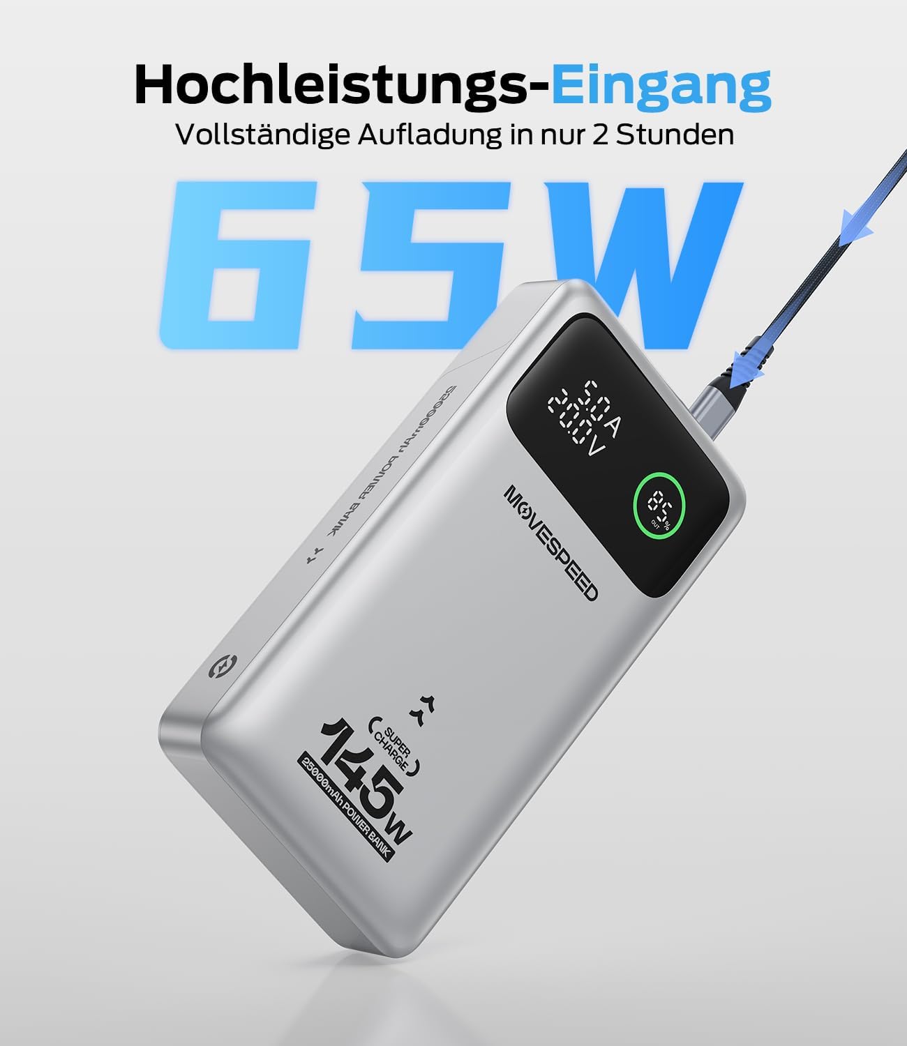 Movespeed 145 W Power Bank 25000 mAh Laptop Power Bank Tragbares Ladegerät mit 3 USB-Anschlüssen PD 3.1 und Digitalanzeige, kompatibel mit Laptop MacBook Pro/Air, iPhone 17 Pro Air /16, Galaxy S25, iPad – Bild 5