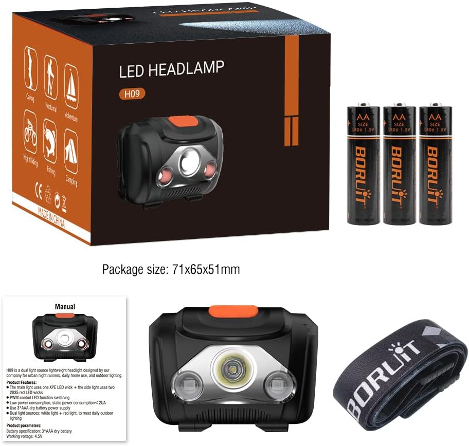 BORUIT LED-Stirnlampe, Stirnlampe, rotes Licht, AAA-Batterie, superheller 4-Modus-Scheinwerfer für Kinder, Erwachsene, Camping, Laufen, Wandern, Angeln – Bild 7