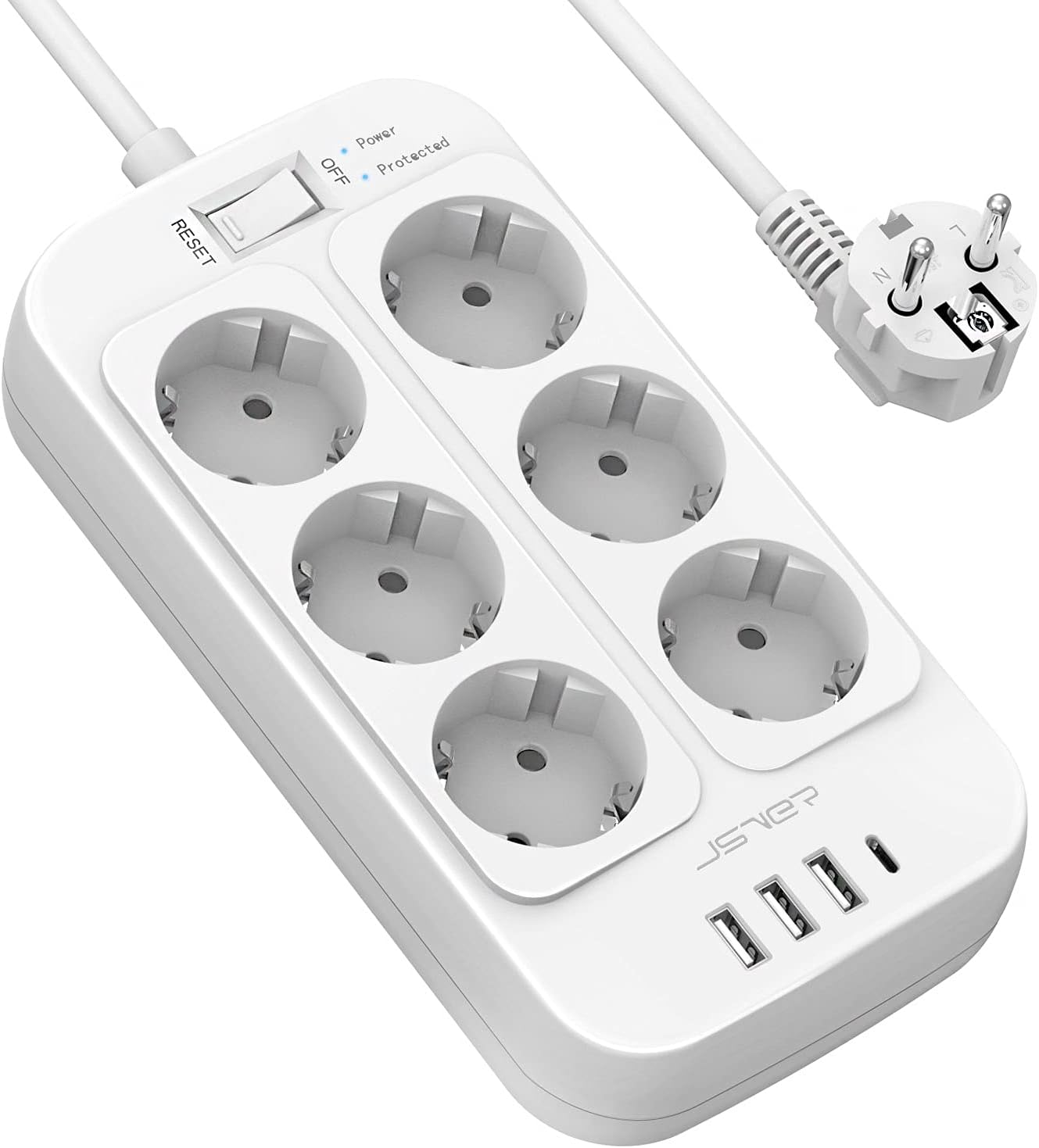 JSVER Steckdosenleiste 6 Fächer mit 4 USB-Ladeanschlüssen, Mehrfachsteckdose mit USB C, Wandmontage (3680 W), Überspannungsschutz mit 2 m Kabel, Verlängerungskabel für Smartphones, Laptop, Weiß