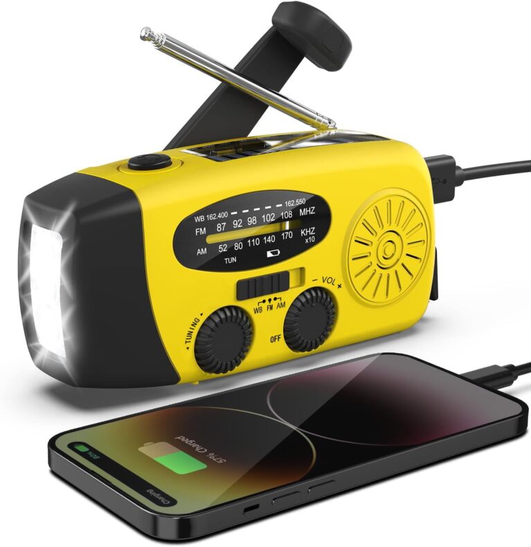 Solarradio, tragbares Kurbelradio, Dynamoradio mit AM/FM, Notfallradio mit Kurbel, 2000 mAh wiederaufladbare Powerbank, LED-Taschenlampe, USB-Handy-Ladegerät für Camping, Outdoor, Gelb