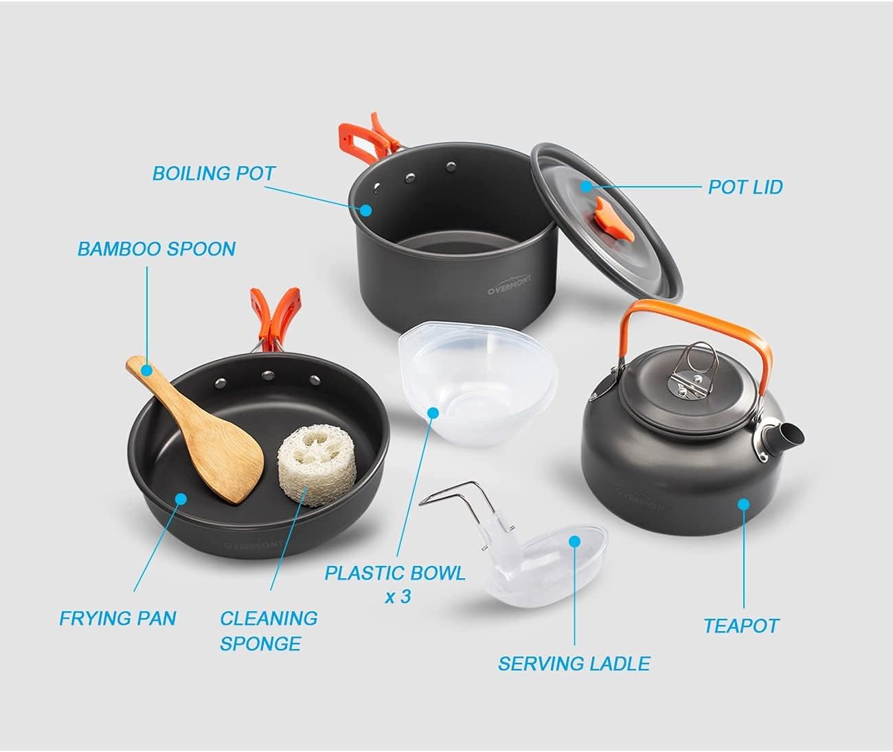 OVERMONT Camping-Kochgeschirr-Set, Outdoor-Geschirr-Set, Kochtopf-Set, Grillgeschirr, Picknick-Topf mit Kaffeekanne, Teekanne, Aluminium – Bild 8