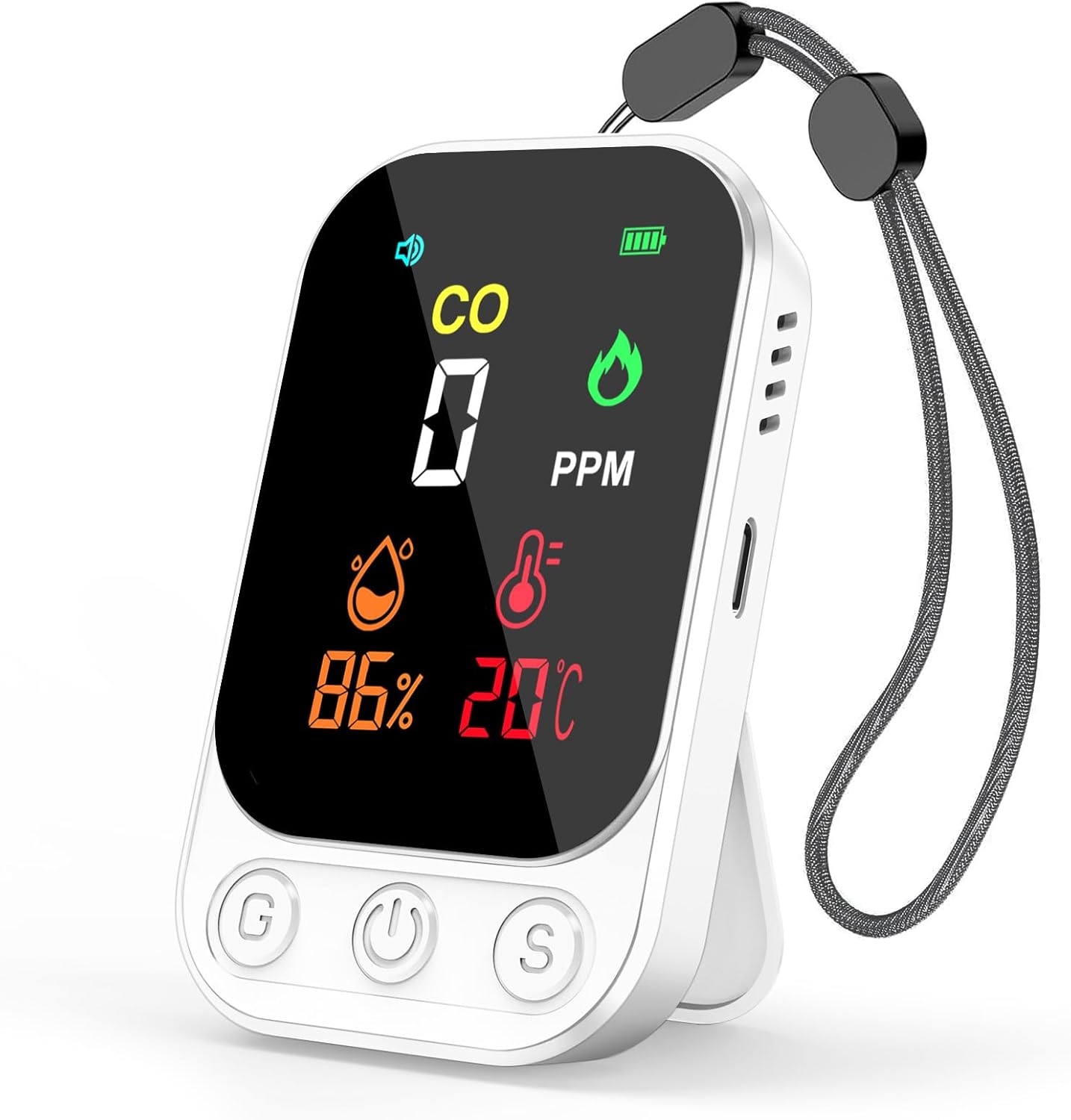 RealPlus 3-in-1-Kohlenmonoxidmelder, tragbar, CO-Detektor, Temperatur, Luftfeuchtigkeit, mit 85-dB-Alarm, wiederaufladbar, mit Ständer und Montageloch für Reisen, Camping, Hotel, Wohnmobil, Wandern