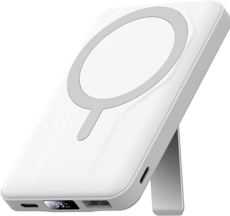 Azmuth Magsafe Powerbank 10000 mAh kabellos magnetisch für iPhone 17-12 | Kabellose Powerbank mit USB-C-Eingang und -Ausgang, 22,5 W USB-A, Klappständer und LED-Bildschirm für iPhone 17/16/15/14/13/12 – Weiß