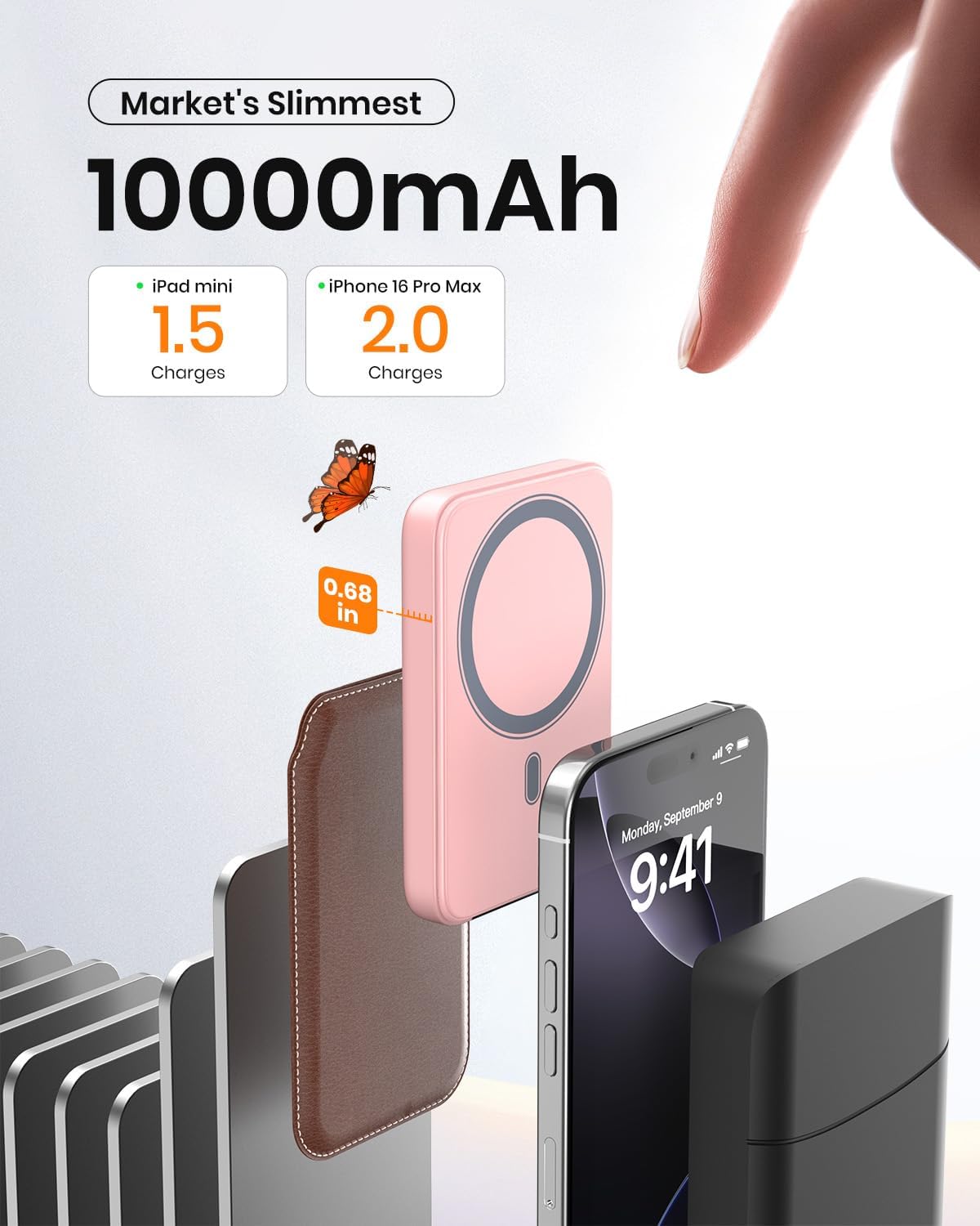 A ADDTOP Magnetische Powerbank 10000 mAh – 20 W Schnelllade-iPhone-Ladegerät für magnetisches, ultraschlankes kabelloses tragbares Ladegerät mit USB-C-Ein- und Ausgang, LED-Display-Akku für iPhone 17/16/15/14/13/12, Pink – Bild 5