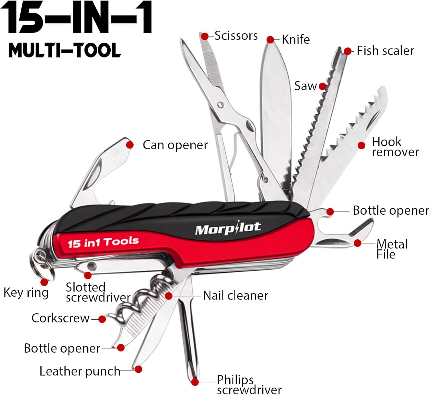 Morpilot 15-in-1-Multitools, Edelstahl-Multifunktionswerkzeug, 4-in-1-Feuerstein mit Schraubendreher, Pfeife, Säge und Kompassstein – Bild 2
