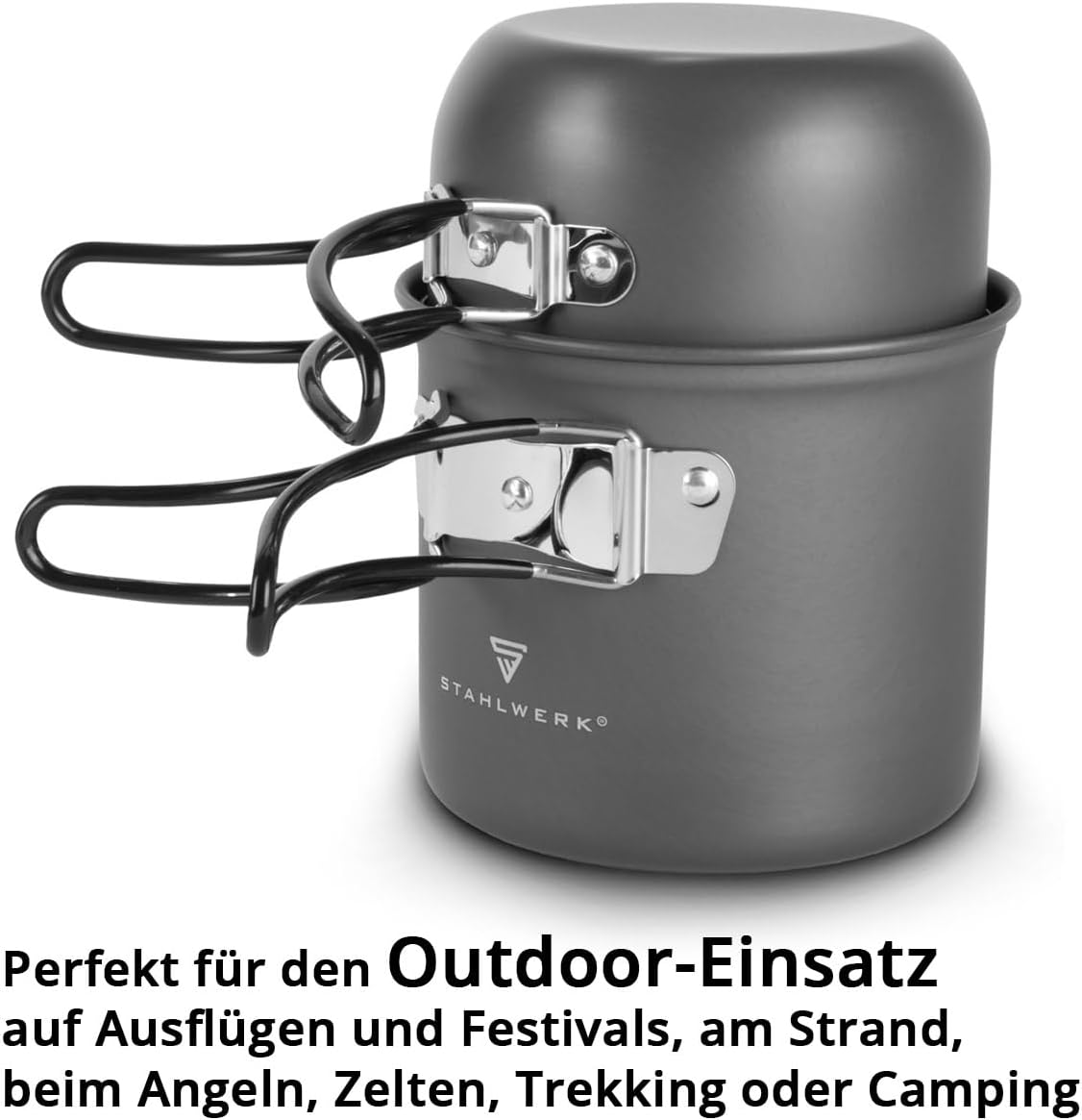 STAHLWERK Camping-Kochgeschirr-Set | Aluminium-Campinggeschirr-Komplettset mit Topf, Pfanne, Gaskocher, Plastikschüsseln und Besteck | Hochwertiges Outdoor-Kochset – Bild 3
