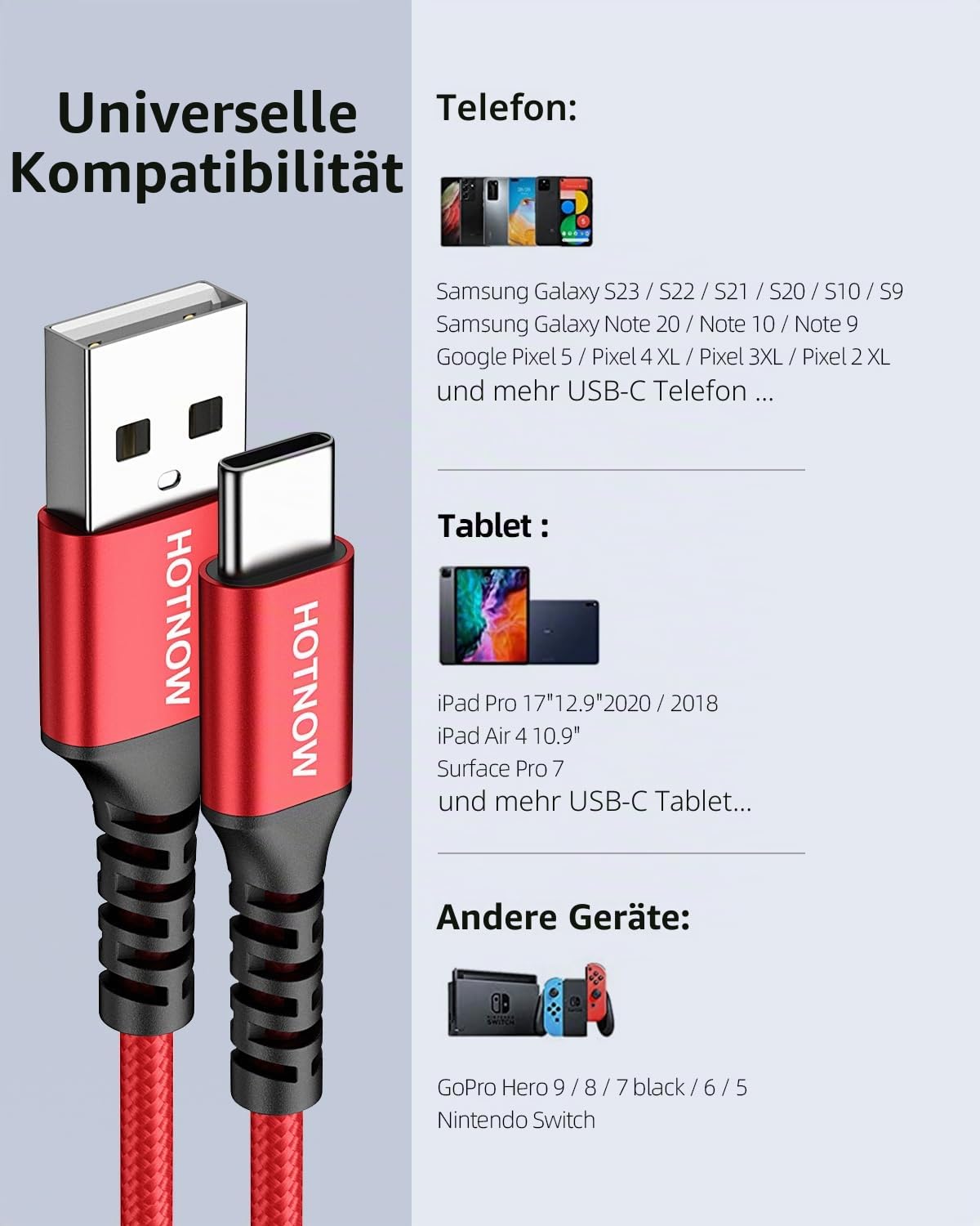 Kurzes USB C Kabel 30cm 3er Pack, 3A USB A auf USB C Ladekabel Schnellladekabel Nylon geflochten für iPhone 17 16, Galaxy S24 S23 S22 S9 A54 A21 17A, Huawei P40/P30, Google Pixel – Bild 4