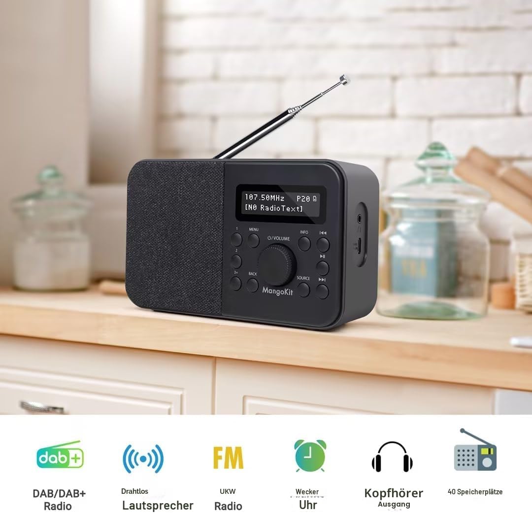 PR2S Tragbares DAB+-Digitalradio, UKW-Radio für die Küche, Bluetooth-Lautsprecher, persönliches DAB-Radio, Display, Wecker und Uhr, 40 voreingestellte Sender, Kopfhöreranschluss, Schwarz – Bild 3
