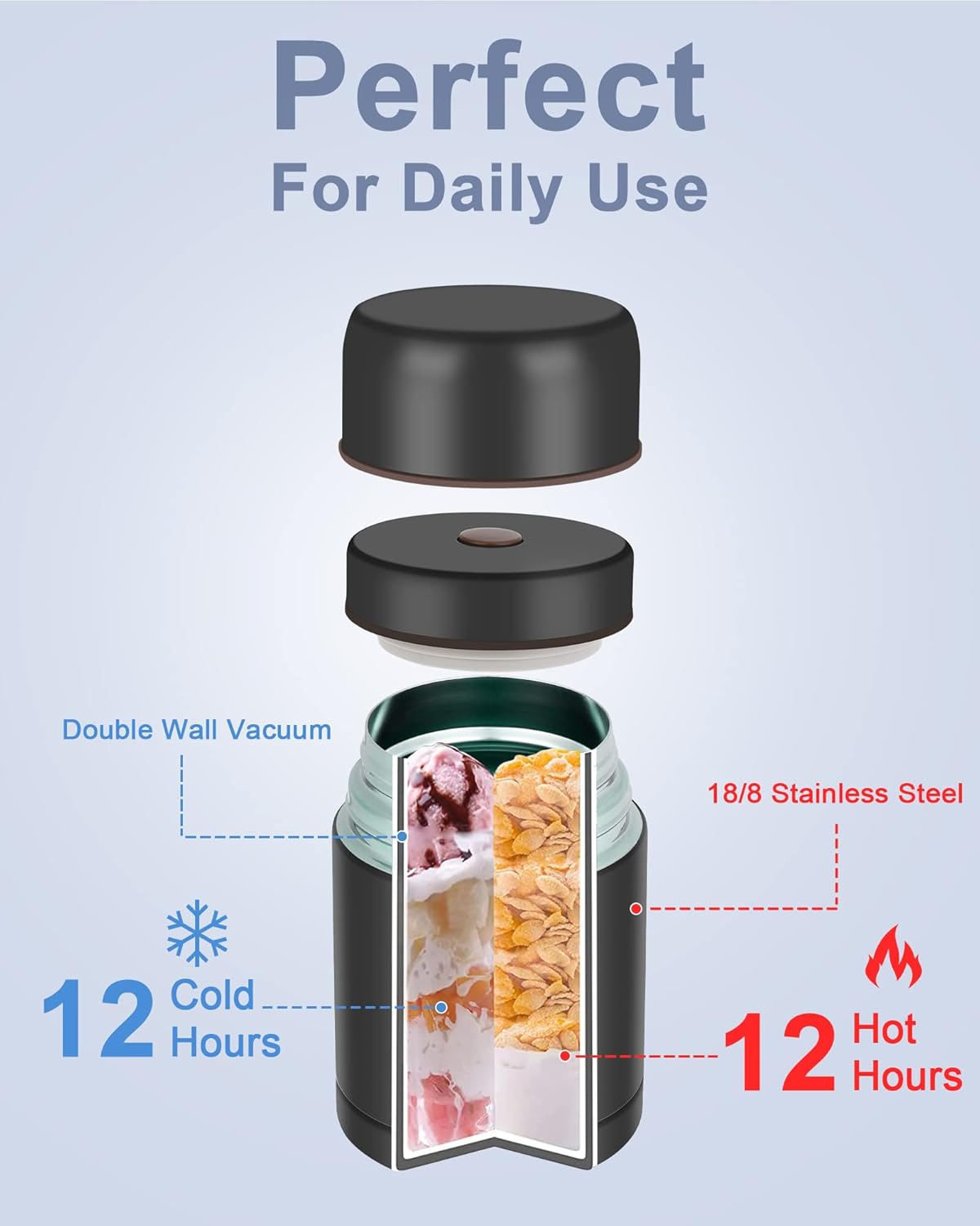 Dreamhigh Thermo-Lebensmittelbehälter, 800 ml, Edelstahl-Warmhaltebehälter, Lebensmittel-Thermoskanne, auslaufsicher, inklusive Löffel, 12 Stunden heiß, 12 Stunden kalt – Bild 3