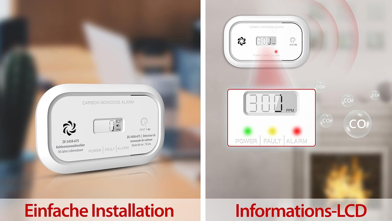VisorTech CO-Melder: Digitaler Kohlenmonoxidmelder, 85 dB, LCD-Display, nach DIN EN 50291 (Co2-Alarm, CO-Wächter, BBQ) – Bild 4