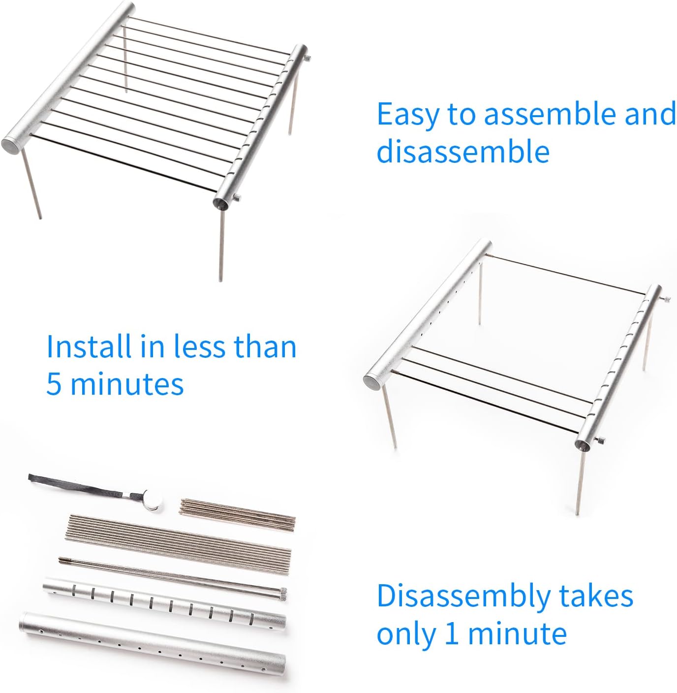 LOSMANN Tragbarer Campinggrill, Holzkohlegrill, abnehmbarer Minigrill aus verchromtem Edelstahl für Picknicks, Camping, BBQ, Trekking, Reisen, Hinterhöfe, Outdoor, einfacher Auf- und Abbau – Bild 3