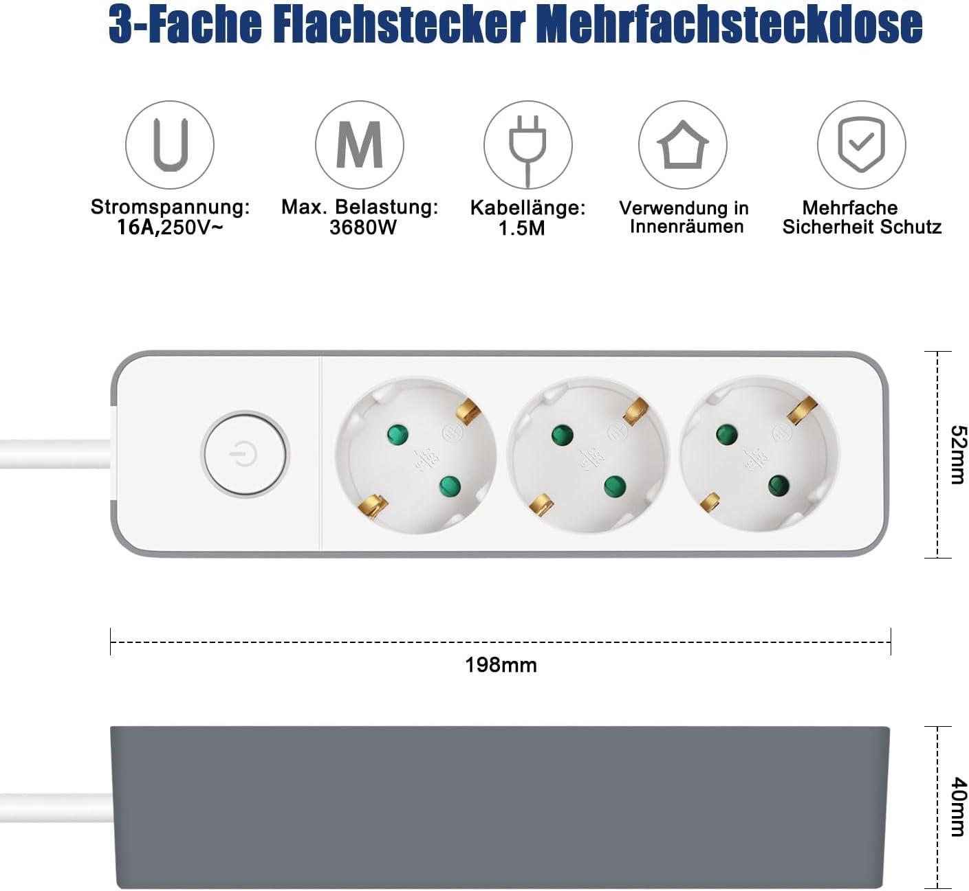 EXTRASTAR Flachstecker Mehrfachsteckdose 3-fach Steckdosenleiste Flachstecker mit Druckknopfschalter 1,5 m Kabel für Büro und Zuhause Weiß + Grau – Bild 6
