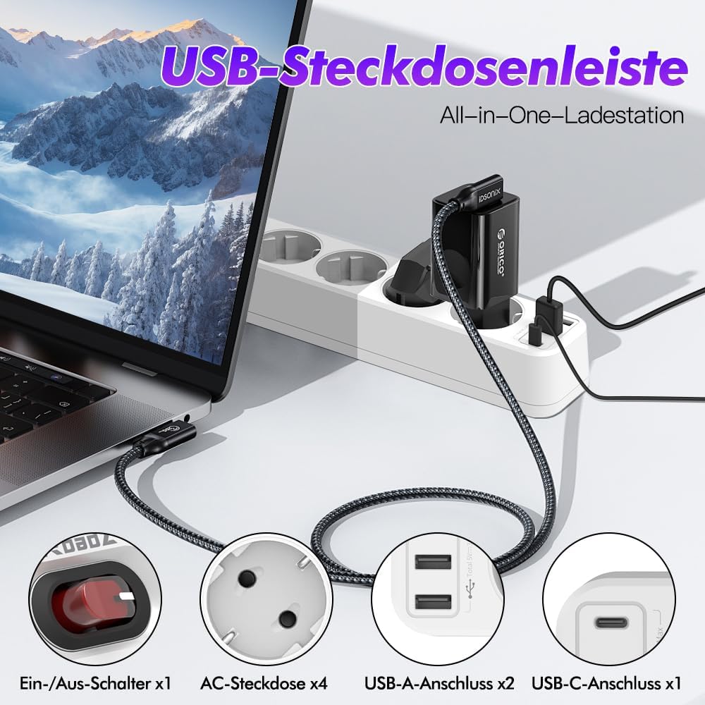 RoadZ Steckdosenleiste mit USB-Steckplatz, 6-fach-Steckdose mit 2 USB-A- und 1 USB-C-Anschluss, 1,8 Kabel langes Verlängerungskabel mit Schalter, Überspannungsschutz-Steckdosenleiste, DE-Mehrfachstecker – Bild 5