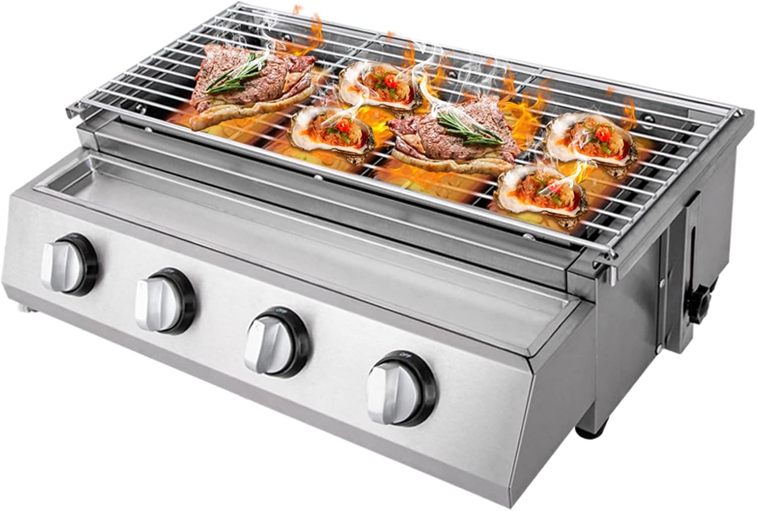 4-Flammen-Gasgrill, BBQ-Tischgrill, tragbarer Campinggrill, Edelstahl-Gastroröster, Gasröster, Outdoor-Gasherd, Barbecue-Butangrill, Seitenbrenner-Grilltischplatte, rauchfrei