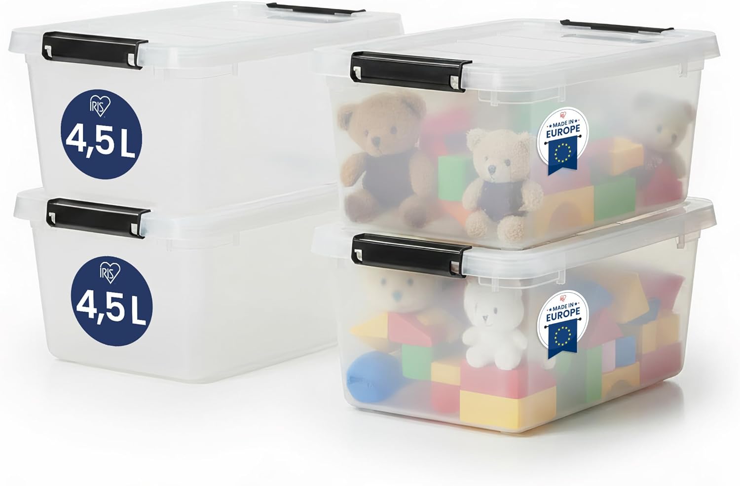 Iris Ohyama FTB-4.5 Aufbewahrungsboxen mit Deckel, 4,5 l, 4er-Set, transparent, sicherer Verschluss, stapelbar, Griffe, Schlafzimmer, Schrank, Büro, Organisation, BPA-freier Kunststoff, Organizer-Boxen, FTB-4.5