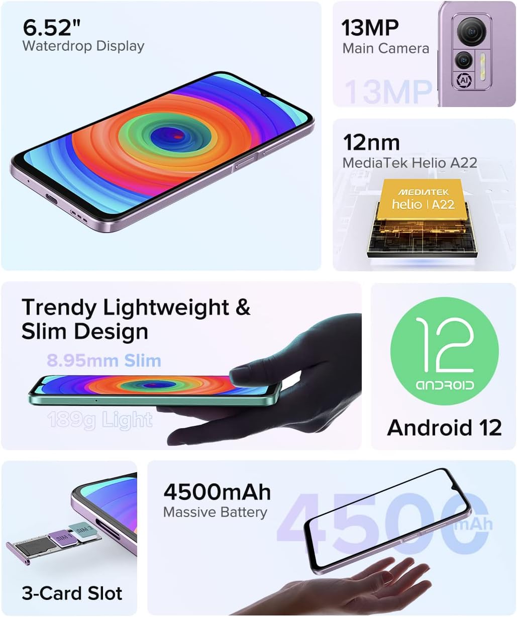 Ulefone Android 12 4G Smartphone ohne Vertrag Note 14 (64 GB), 3 Kartensteckplätze, Quad Core 4 GB + 64 GB, Dual-SIM-Handy, 6,52 Zoll HD+, 8 MP + 13 MP Kamera, 4500 mAh Akku, Face Unlock GPS Schwarz – Bild 2