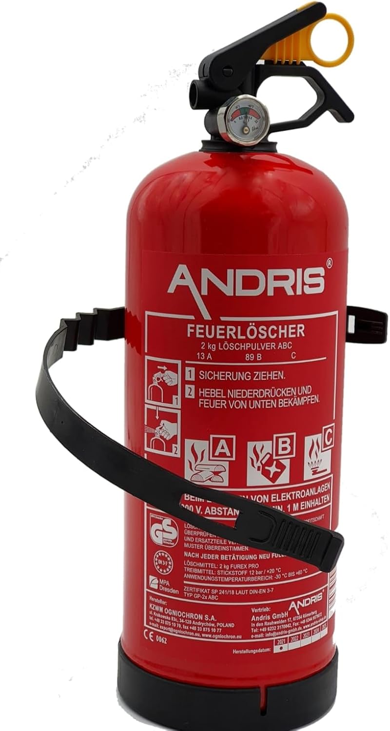 2 kg ABC-Pulver-Feuerlöscher, Original Andris, ideal für Auto/Auto/Boot, DIN EN 3, CE, inklusive Auto/Auto/Boot-Halterung und Prüfzertifikat, Fassungsvermögen: 2 kg, Löschmittel: ABC-Pulver – Bild 4