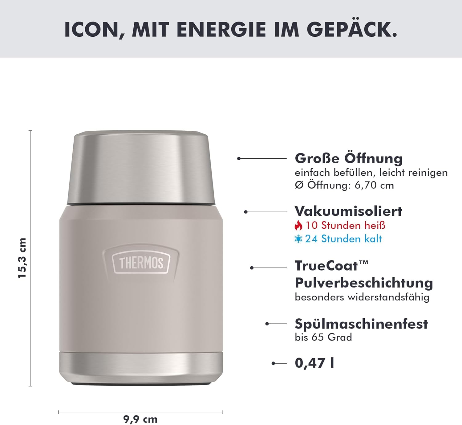 Thermos ICON Thermo-Speisebehälter Beige 0,47 L – Hält Speisen 10 Stunden heiß & 24 Stunden kalt, Edelstahl, absolut auslaufsicher, mit Klapplöffel, BPA-frei – Bild 3