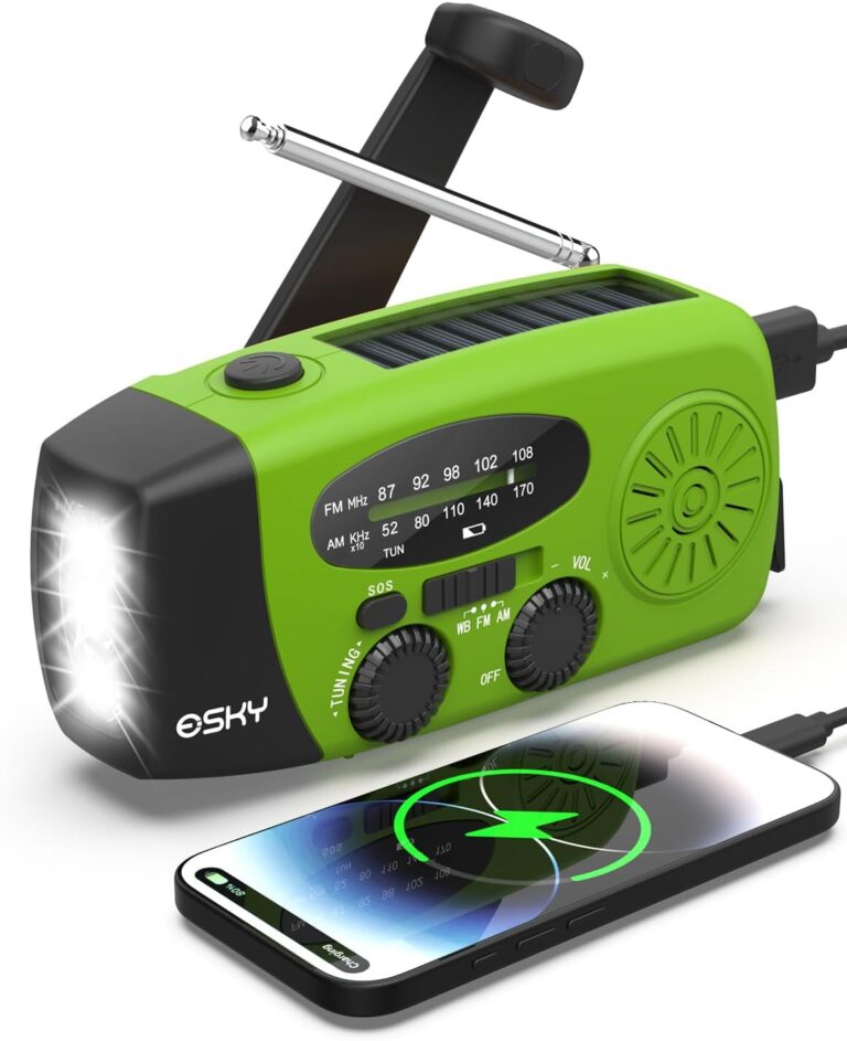 Solarradio, Esky Kurbelradio AM/FM, wasserdichte tragbare Radios, SOS-Alarm, Notfallradio mit Powerbank, LED-Taschenlampe, 260 g, ultratragbares Notfallradio für Notfallwanderungen im Freien (grün)