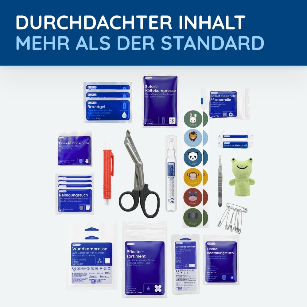 FLEXEO Erste-Hilfe-Set für Kinder, 76-teiliges Reiseapotheke inkl. Markengel, Zeckenzange, Motivpflaster, Fingerpuppe & Tapferkeitsaufkleber, Erste-Hilfe-Tasche Baby, Kleinkind, Unterwegs & Zuhause – Bild 5
