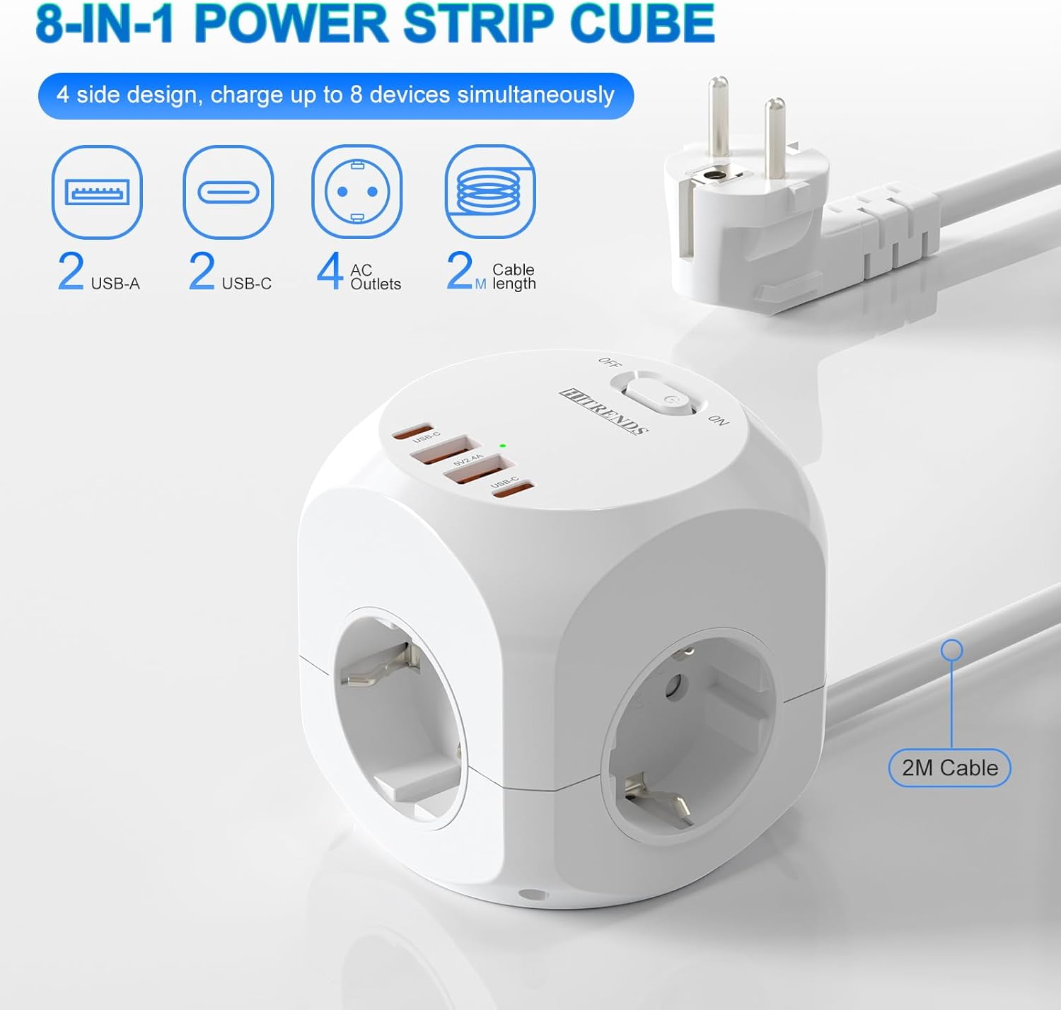 8-in-1 Mehrfachstecker Verteilersteckdose, HITRENDS 4-fach Steckdosenleiste Würfel, Mehrfachsteckdose mit 4 USB, 2500W Steckdosenturm Würfel, PD20W Steckdosenwürfel für Büro Zuhause, 2m Kabel, Weiß – Bild 2