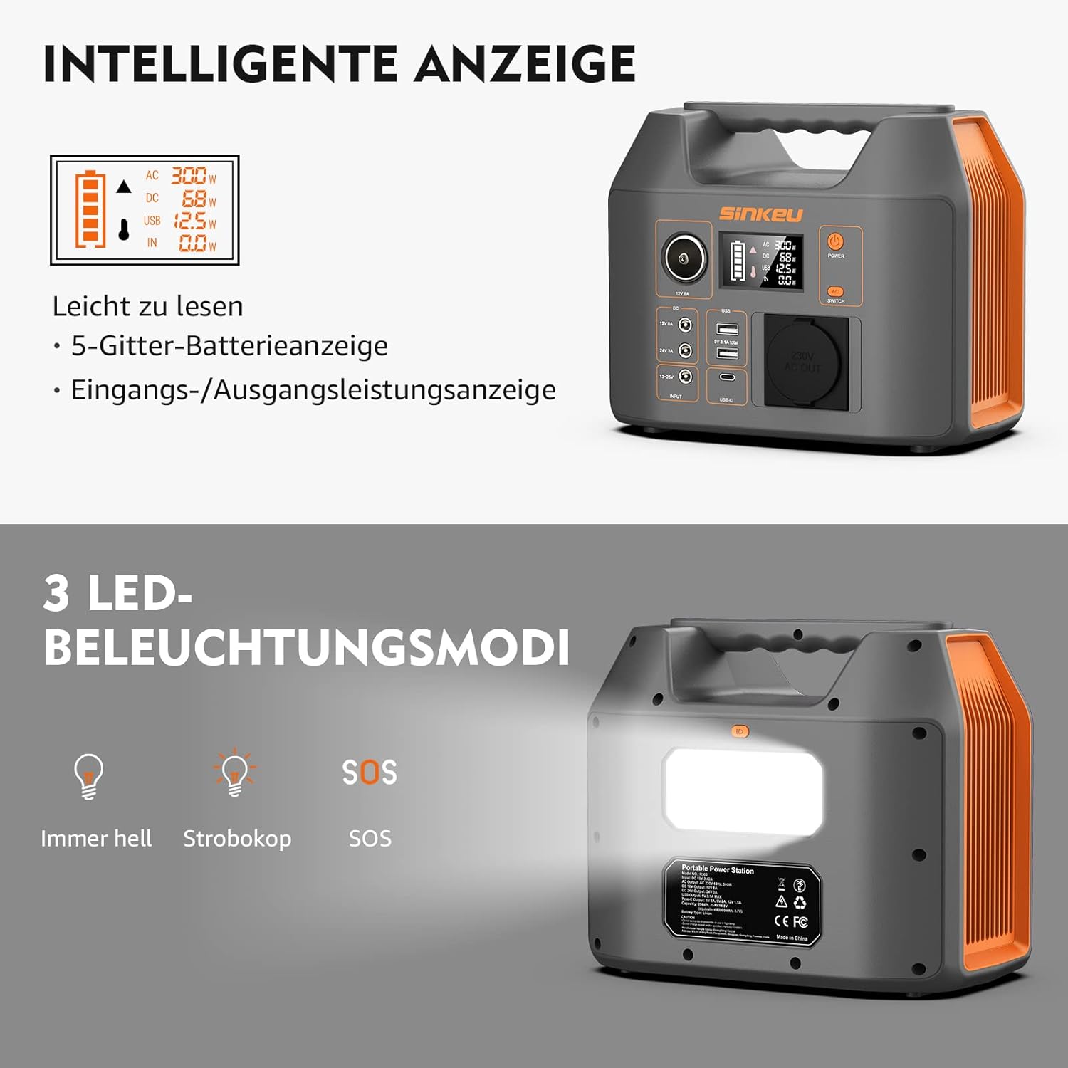 SinKeu Tragbares Kraftwerk 296 WH, Notfall-Solargenerator mit 230 V 300 W reiner Sinuswelle AC-Buchse, 12 V DC, USB, Typ C, LED-Licht, Stromspeicher, für Camping, unterwegs, Stromausfälle – Bild 3