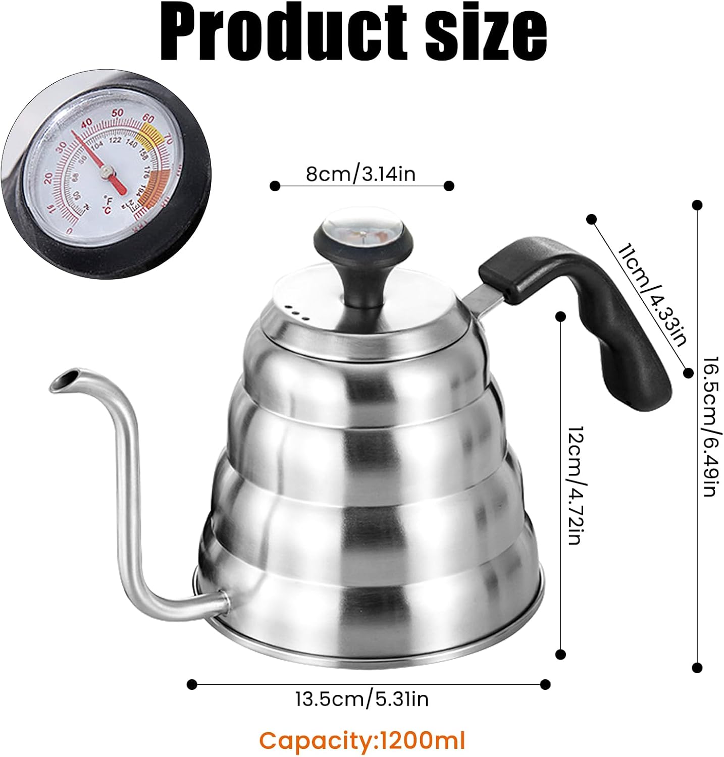 Schwanenhals-Wasserkocher: 1200 ml / 40 oz Edelstahl-Wasserkocher Kaffeekanne Wasserkocher Schwanenhals mit Thermometer für alle Herdarten Langlebig, leicht zu reinigen – Bild 2