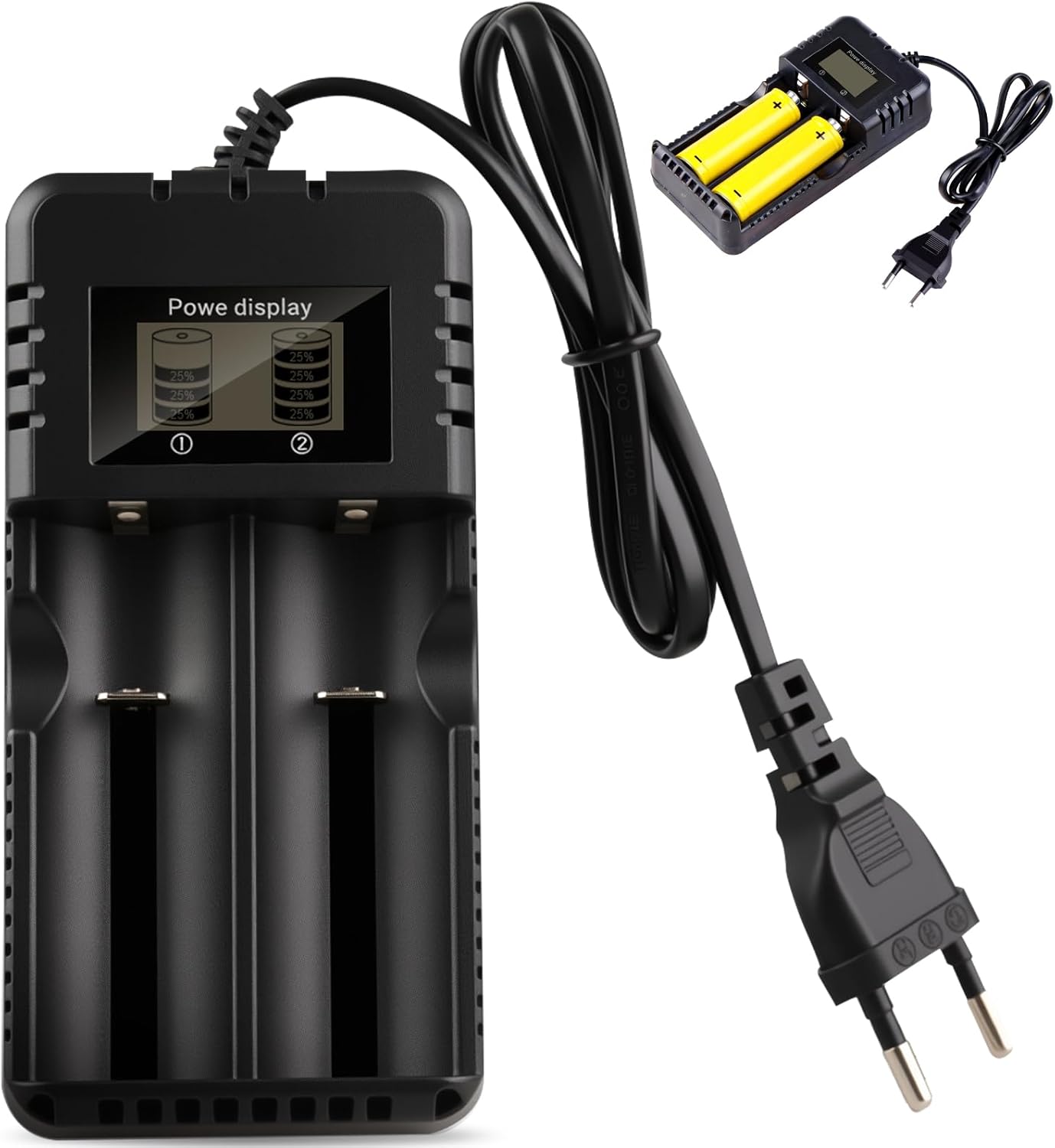 Ladegerät 18650, Akkuladegerät mit LCD-Display, 2-Slot-Li-Ion-Akkuladegerät mit intelligenter Schnellladung, kompatibel mit 3,7 V 26650/18650/14500/16340 Li-Ion-Akkus, für Lithium-Ionen-Akkus