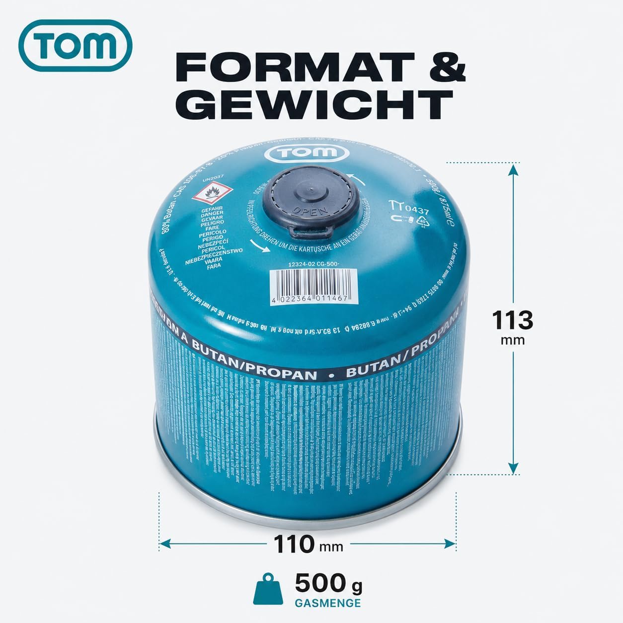 TOM Gaskartuschen 2 x 4 x 8 x oder 12 x 500 g Butan-Propan-Gas – Schraubkartuschen-Set – Kartuschen mit Sicherheitsschraubgewinde – Butangaskartusche ideal für Ihren Campingkocher (4 x 500 g) – Bild 4