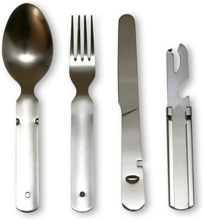 Klassisches Bundeswehr-Edelstahl-Besteck-Set, 4-teilig, Camping-Besteck-Set für Camping, Besteck-Set, Outdoor-Besteck
