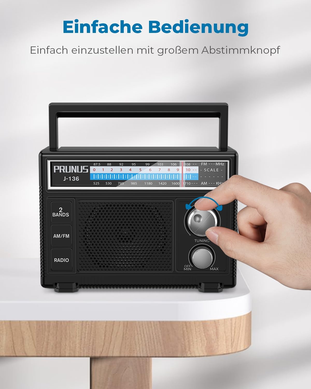 Prunus J-136 AM FM FM Radio Kleines Kofferradio mit AUX/Mikrofonanschluss | Tragbare Radios mit Batterie- oder Wechselstrombetrieb, einfache Radios für Senioren. – Bild 4